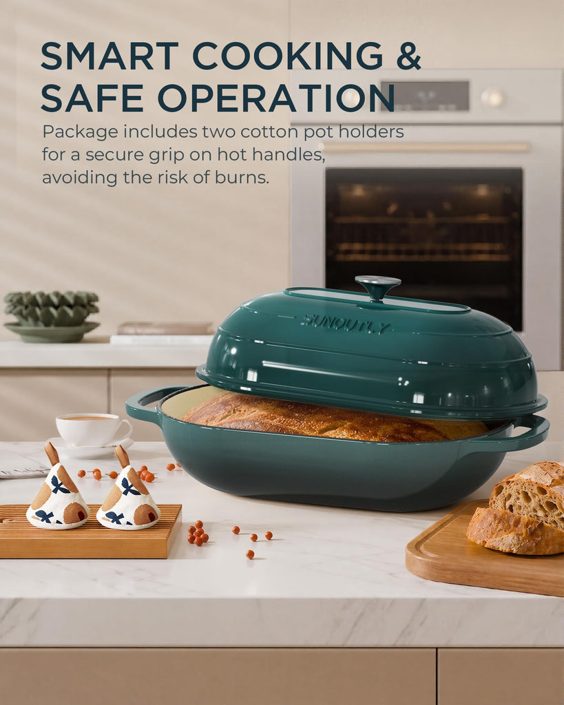 Enameled Cast Iron Dutch Oven for Bread Baking, 5QT Loaf Pan, Green