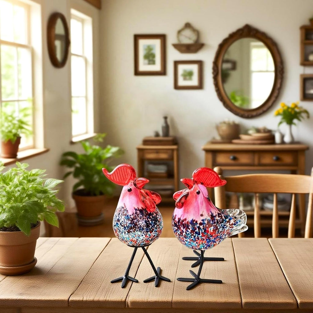 Chicken Lovers Gift:Hand Blown Glass Chicken Figurine, Murano Style Glass Rooster Decor for Farmhouse Kitchen