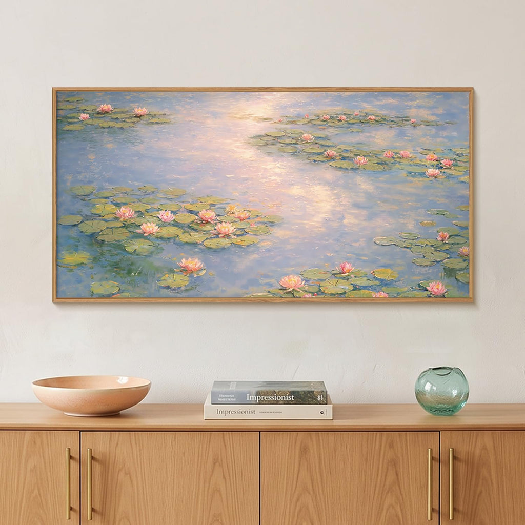 Large Monet Lilies Pond Framed Canvas Wall Art Set, Impressionist Landscape Wall Decor, Floral Garden Art