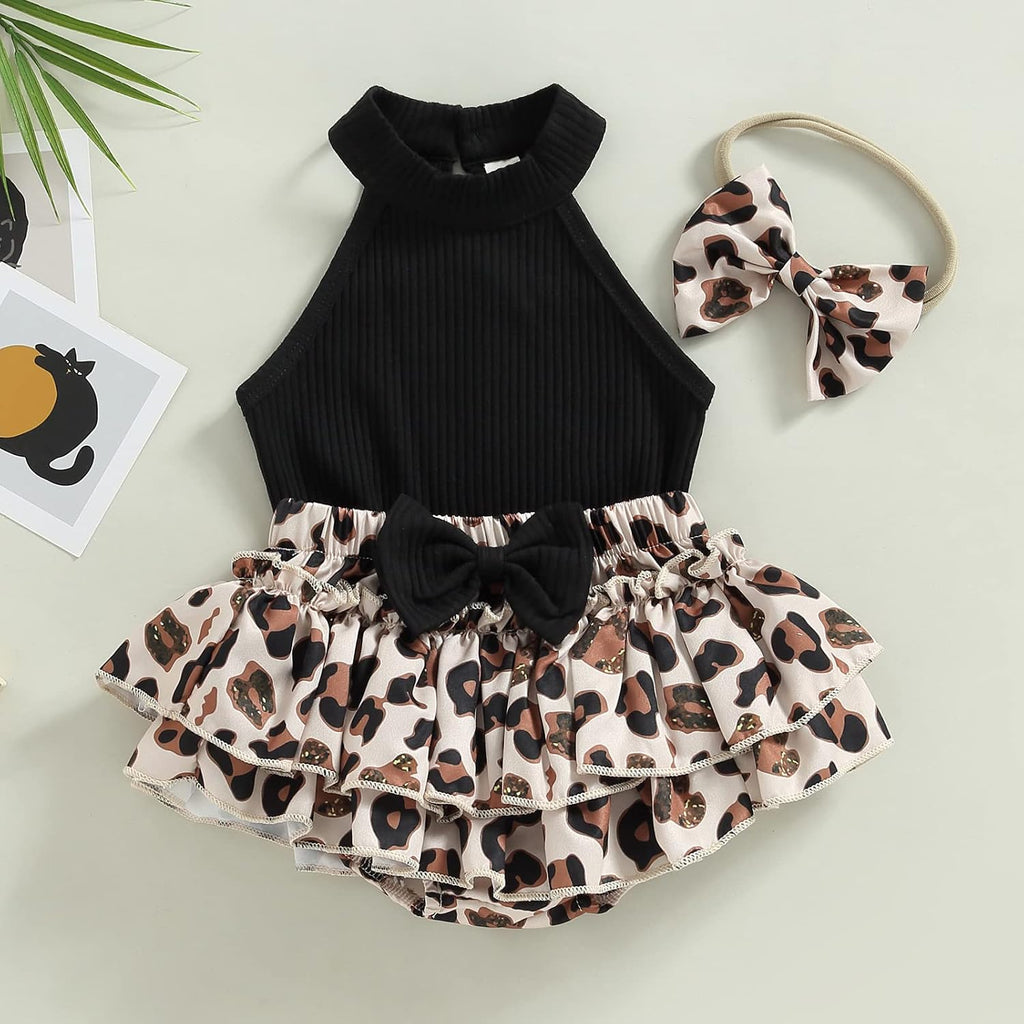 Baby Girl 3Pcs Summer Outfits, Sleeveless Halter Tops+Leopard Print Ruffle Shorts +Headband 3pcs Cheetach Set