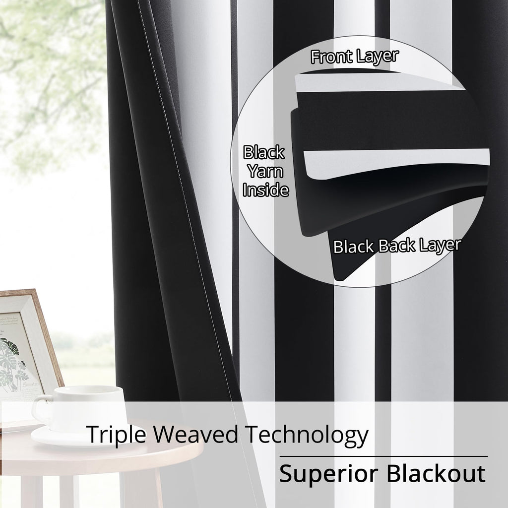 Black and White Vertical Stripe Blackout Curtains, Modern Minimalist Striped Drapes, 100% Light Blocking, Thermal