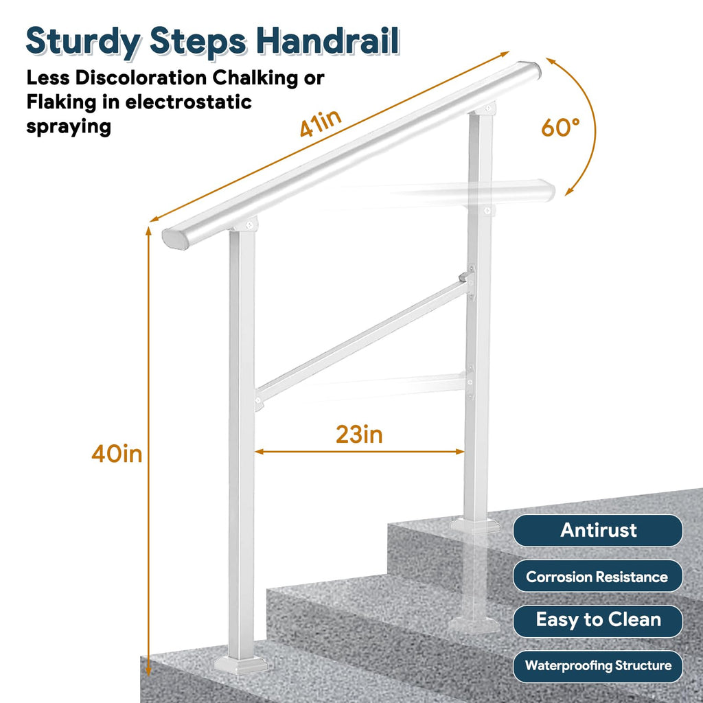 Handrails for Outdoor Steps, White Stair Railing Handrail Kits for Seniors for Concrete Steps Outside Metal Stair