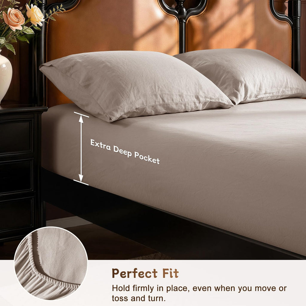 100% French Pure Linen Sheet Set, 19" Deep Pocket 4Pcs
