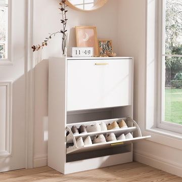 Modern Entryway Shoe Cabinet with 2 Flip Drawers and Top Display, White丨Free Standing Tipping Bucket Shoe Rack