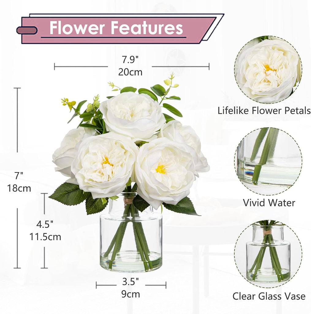 Real Touch Peonies Artificial Flowers Arrangements in Vase White Fake Peonies with Glass Vase Silk David Austin Roses