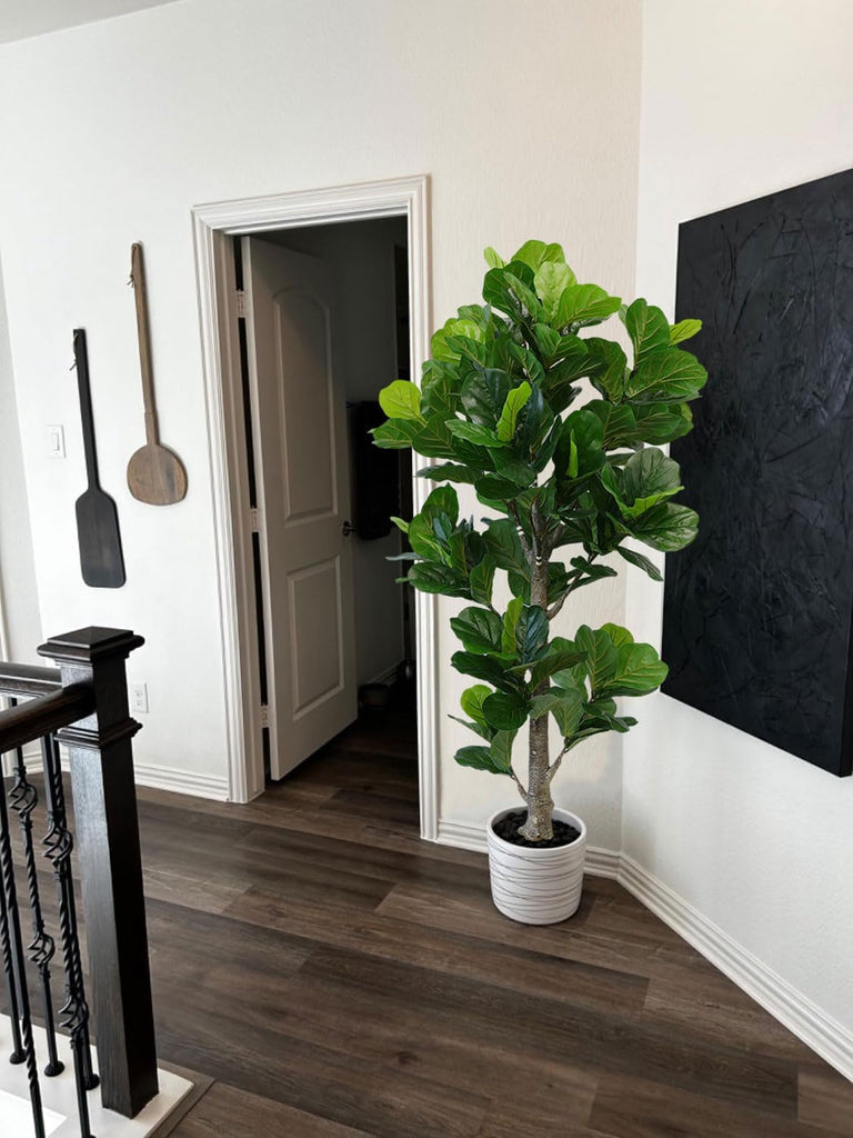 6ft Artificial Fiddle Leaf Fig Tree Decor, 6 Feet Large Faux Plant Fake Ficus lyrata Silk Trees with Pot Outdoor