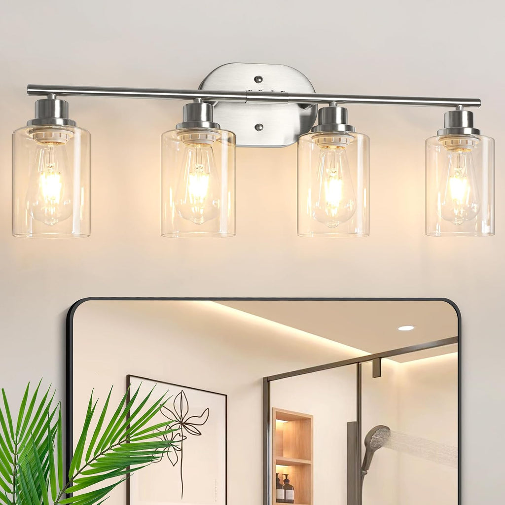 Bathroom Light Fixtures, 4 Light Vanity Lights , Brushed Nickel Wall Lamp with Clear Glass for Mirror, Living Room