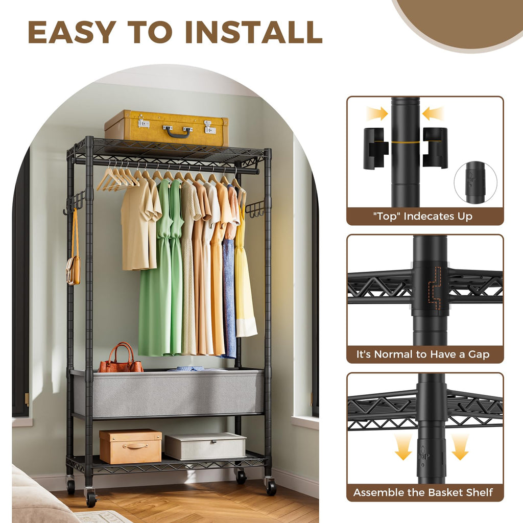 Heavy Duty Rolling Clothes Rack Wheels Portable Metal Garment Rack