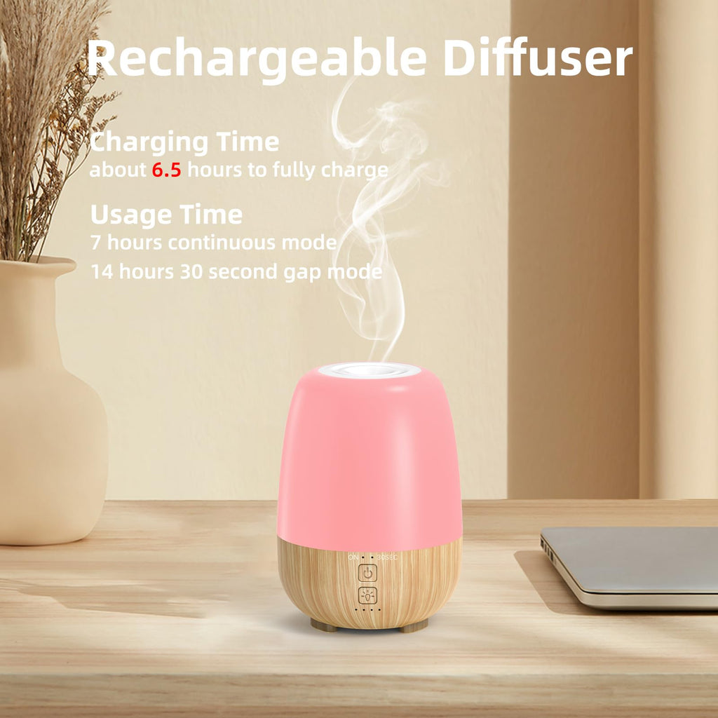 Cordless Essential Oil Diffuser, Built-in 6000mAH Rechargeable Battery, 7-Hour Runtime, 7 LED Color Changing