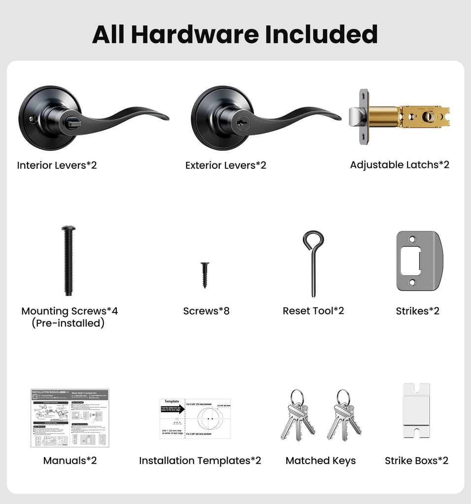 2 Pack Keyed Alike Entry Door Handles with Locks & Keys, Matte Black