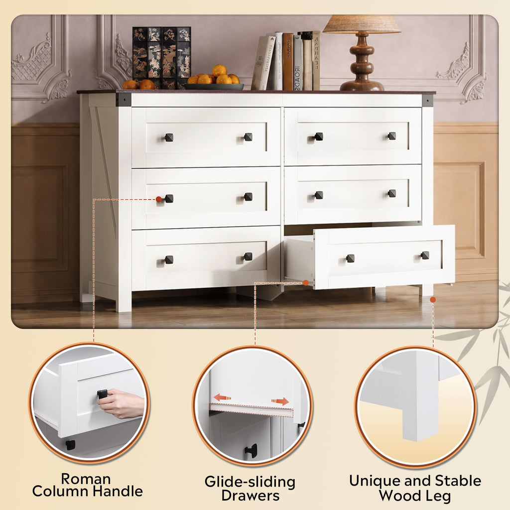 6-Drawer 53.07" W Farmhouse TV Stand for TVs up to 60 in, White