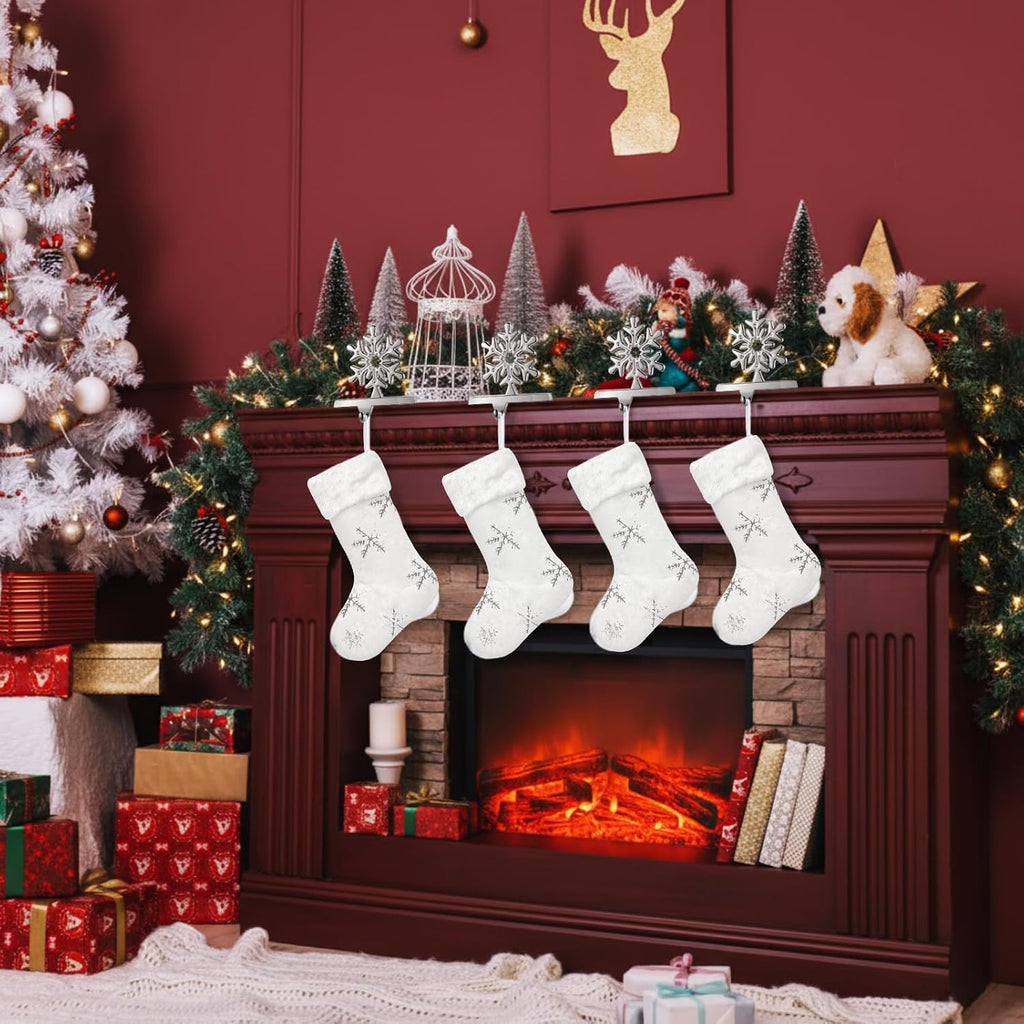 8 Pcs Christmas Stockings with Holder Set Includes 4 Faux Fur Stocking Ornaments 4 Mantle Snowflake Stocking Hangers