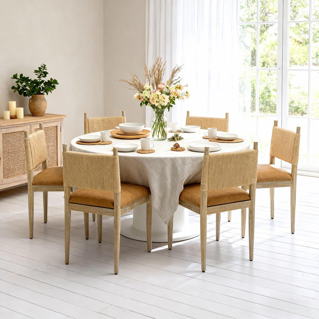 Modern Coastal Woven Dining Chairs Set of 6, Brown Faux Leather