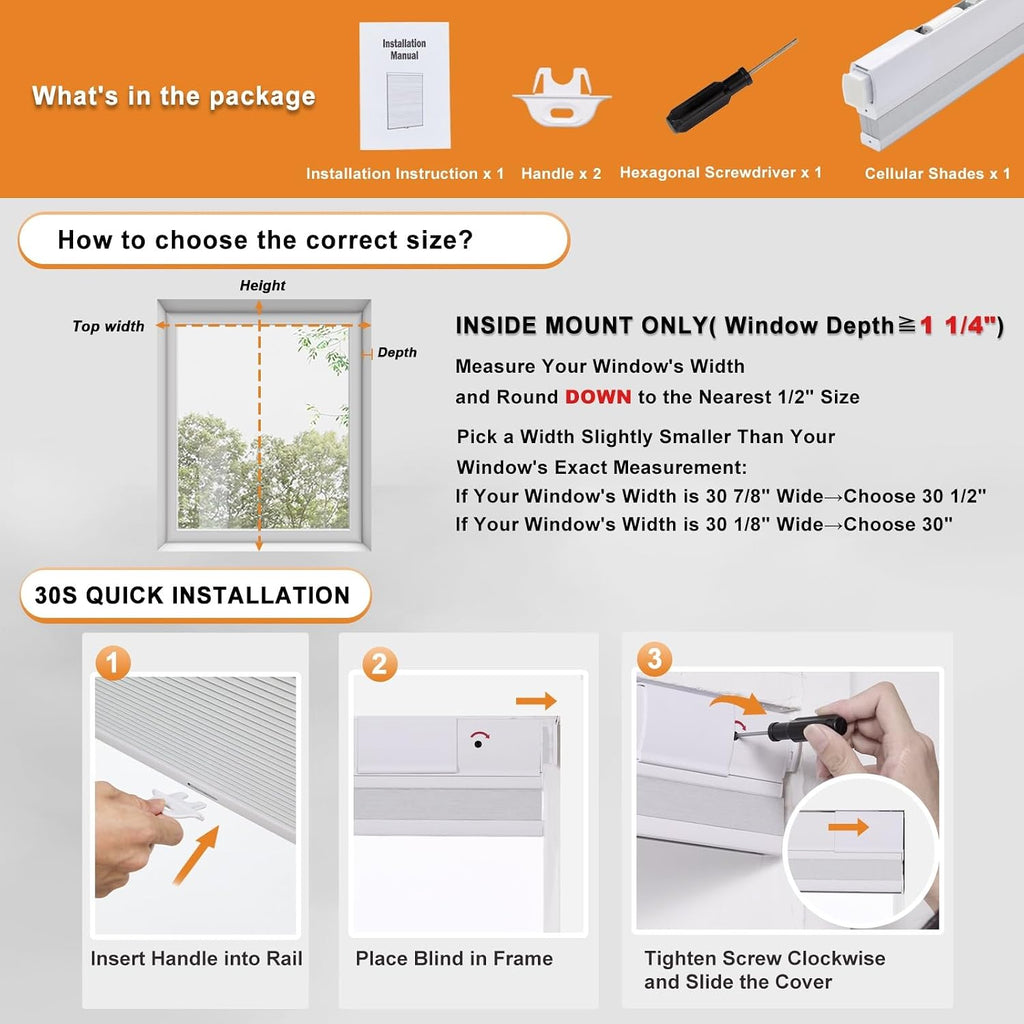 No Drill Blackout Cellular Shades for Windows,White | Top Down Bottom Up Honeycomb No Tools Cordless Blinds,Easy to