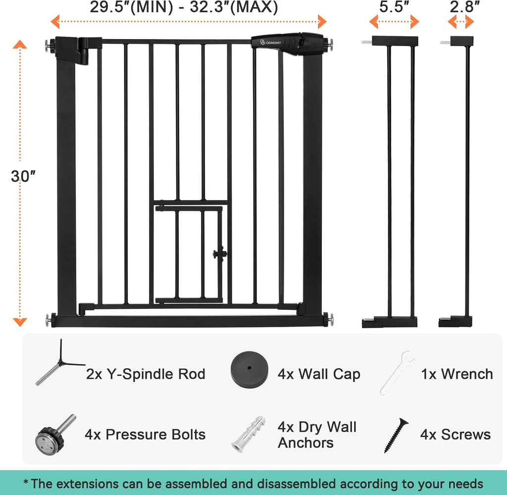 Auto Close Pet Gate with Cat Door, 29.5"-40.5" Dog Gate