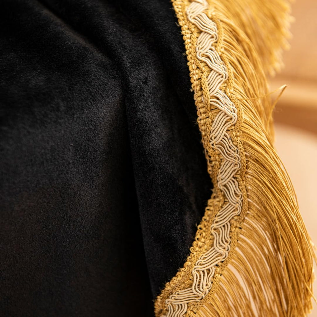 Luxury Black Velvet Tablecloth with Gold Tassel Trim, Rectangular Vintage Table Cover, Plush Heavy Fabric for Dining