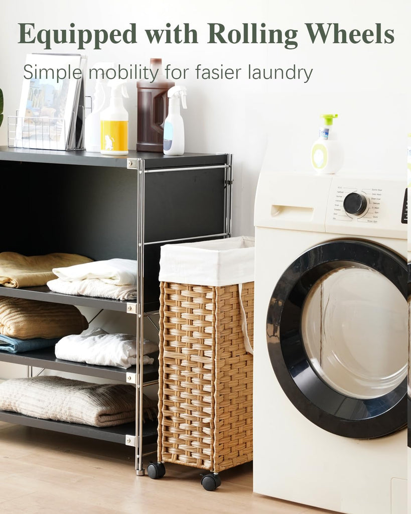Slim Laundry Hamper with Wheels, 48L Narrow Laundry Hamper Natural