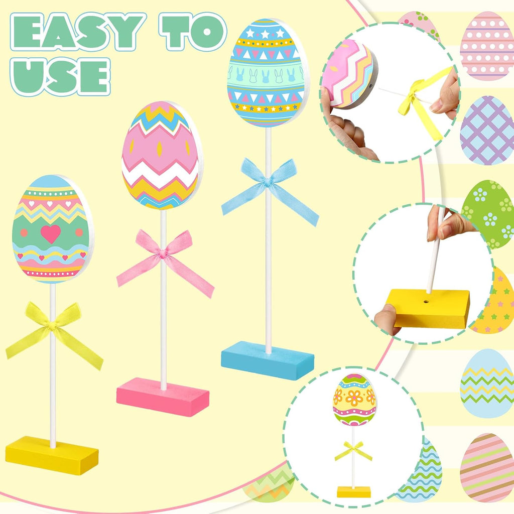Easter Table Decorations Eggs Wooden Sign Set Spring Tall Standing Sign Colorful Table Centerpiece Bunny Floral - Set of 6