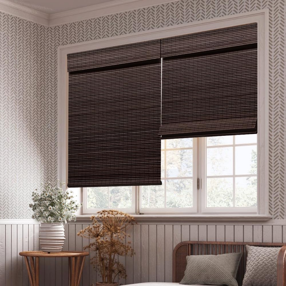 Cordless Bamboo Roman Blinds Shades for Indoor Windows-Blackout Room Darkening Roman Blinds with 6" Valance Cover