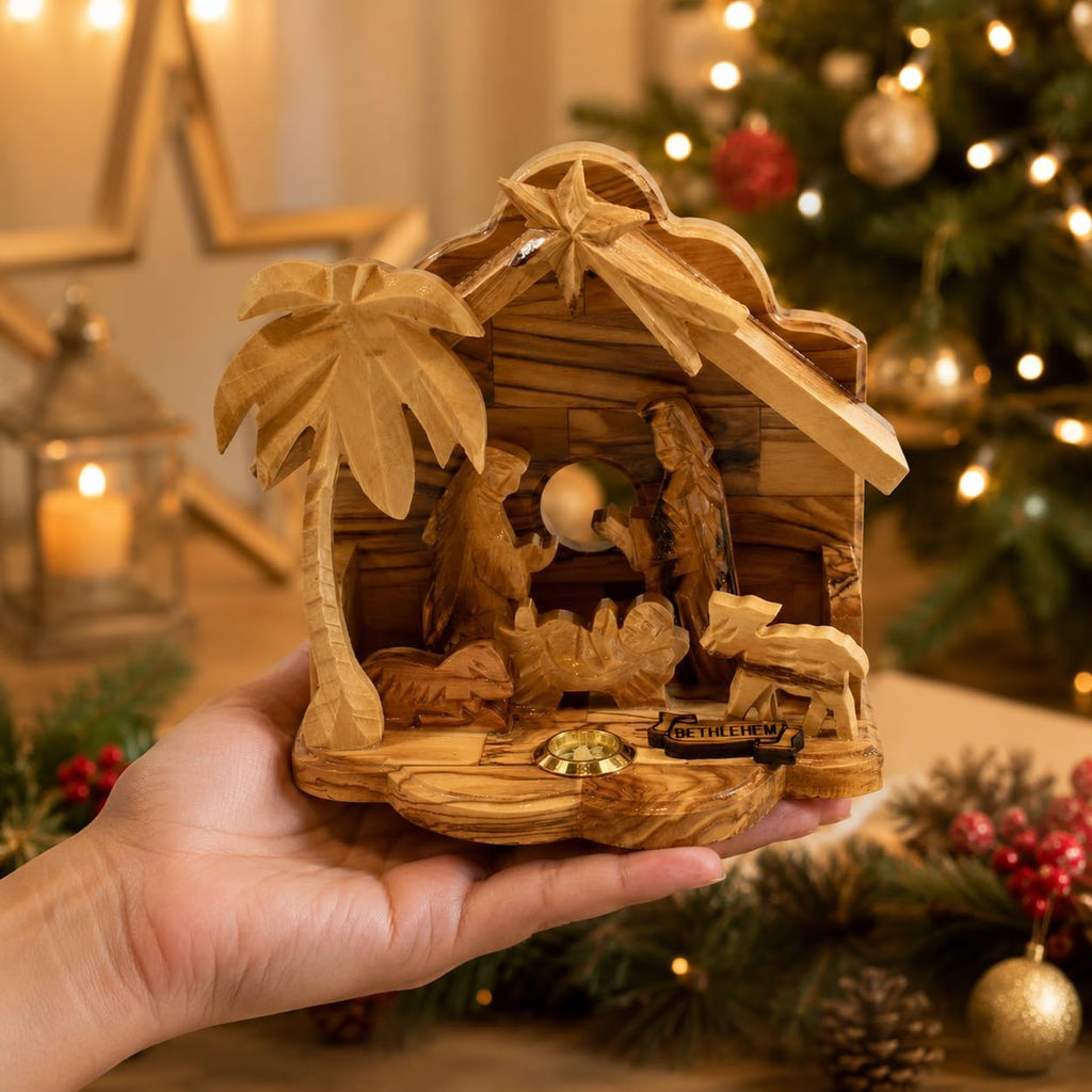 Olive Wood Nativity Set for Christmas Indoor Décor, Handcrafted Bethlehem Manger Scene with Holy Family, Wooden