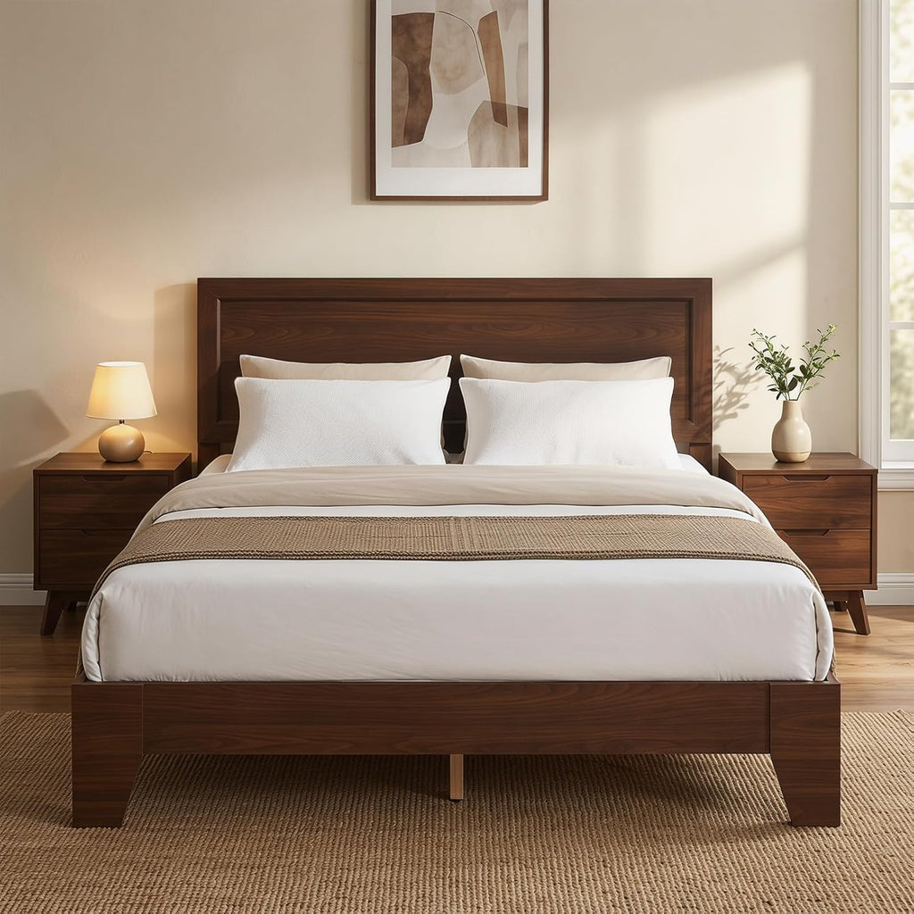 Queen Bed Frame, Mid-Century Modern Platform Bed with Headboard, Wooden Slat Support Mattress Foundation, Under-Bed