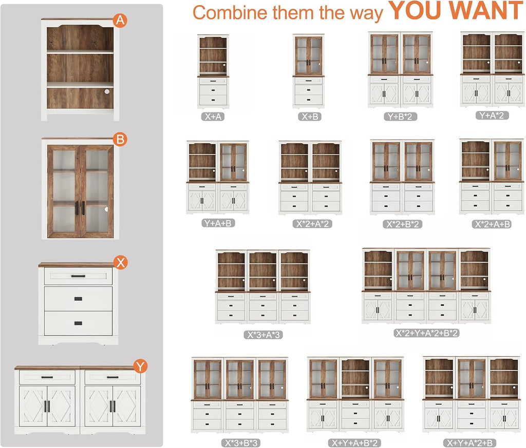 73.3" H Farmhouse-Style Bookcase w/Tempered Glass Doors&File Drawers | Large Capacity,File Drawers,Adjustable