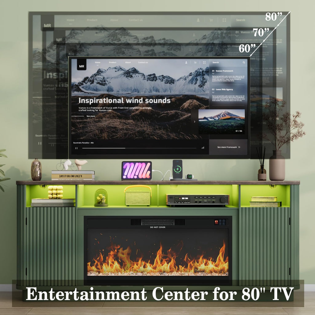 70" Fluted Fireplace TV Stand Modern Entertainment Center with 36" Electric Fireplace, Wood Media Console w/Power
