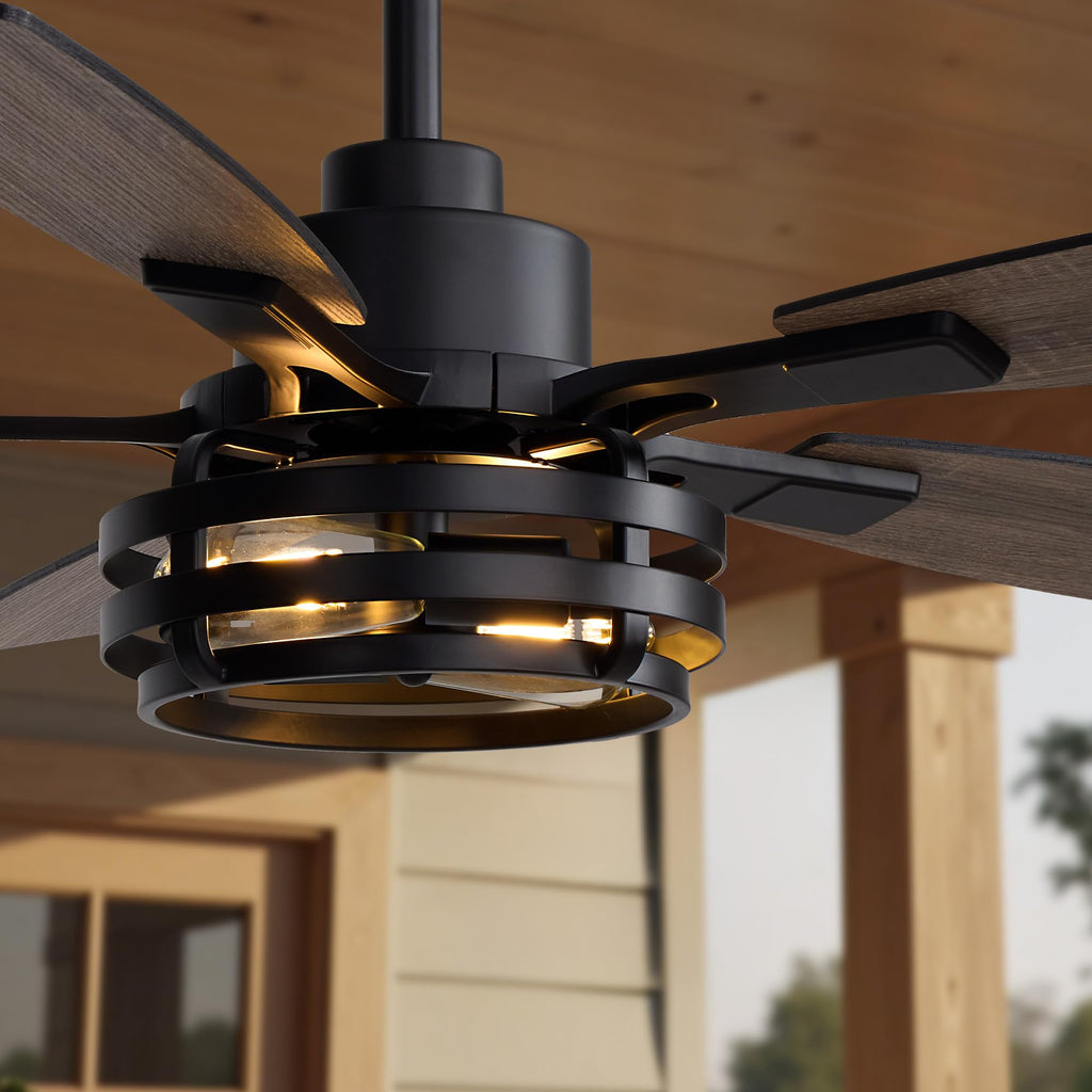52 Inch Farmhouse Ceiling Fan with Lights, Rustic Ceiling Fan with Remote Control, Quiet Reversible Motor, Black