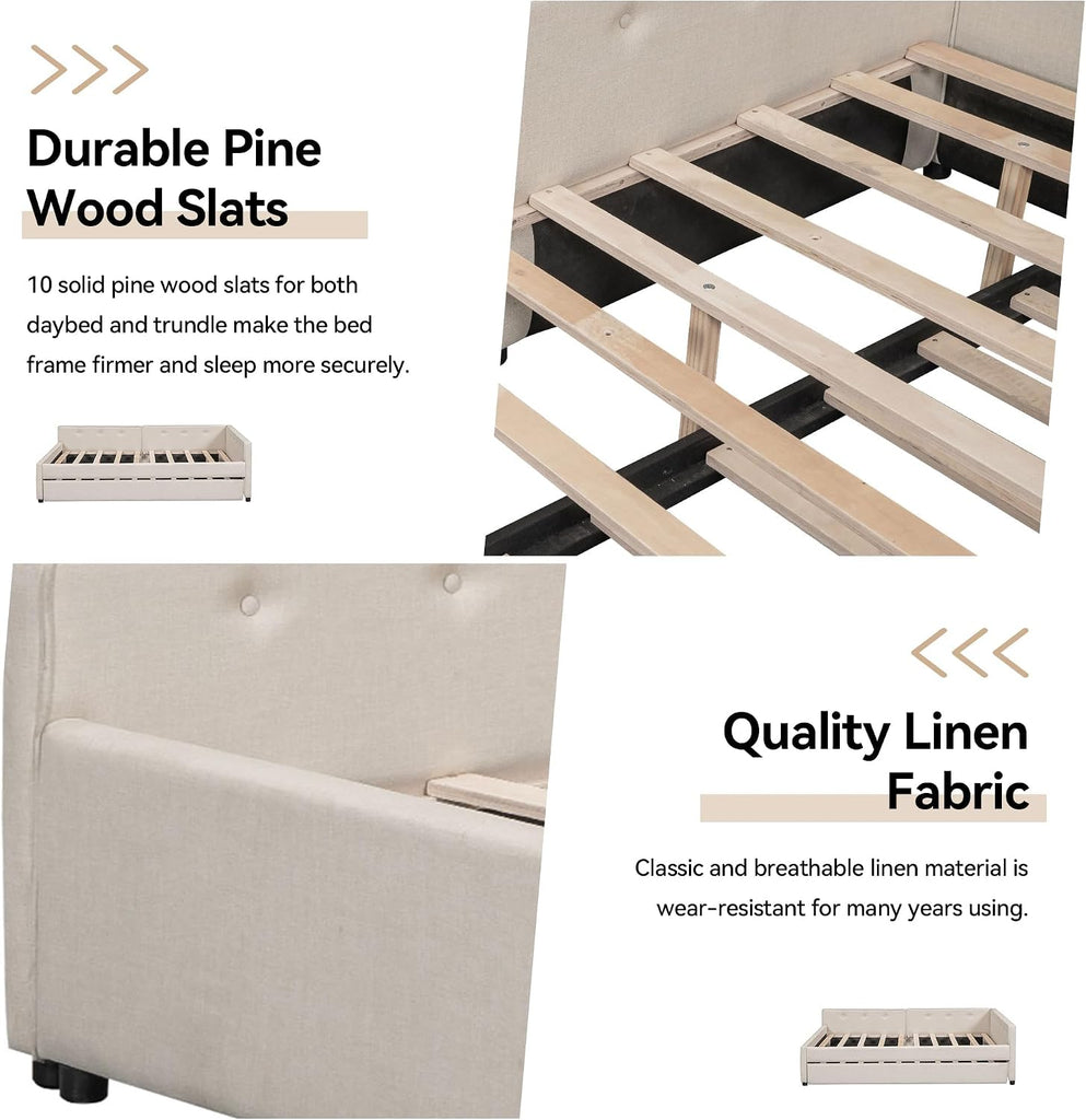 Full Size Daybed with Storage and USB, Modern Cloud Bed Frame with Twin Size Trundle, Linen Upholstered Platform Bed