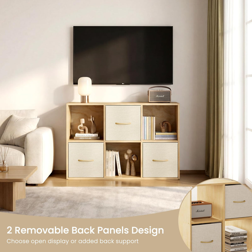 6 Cube Storage Organizer - Solid Wood Bookshelf with 3 Storage Bins, Cube Shelf with 2 Removable Back Panels