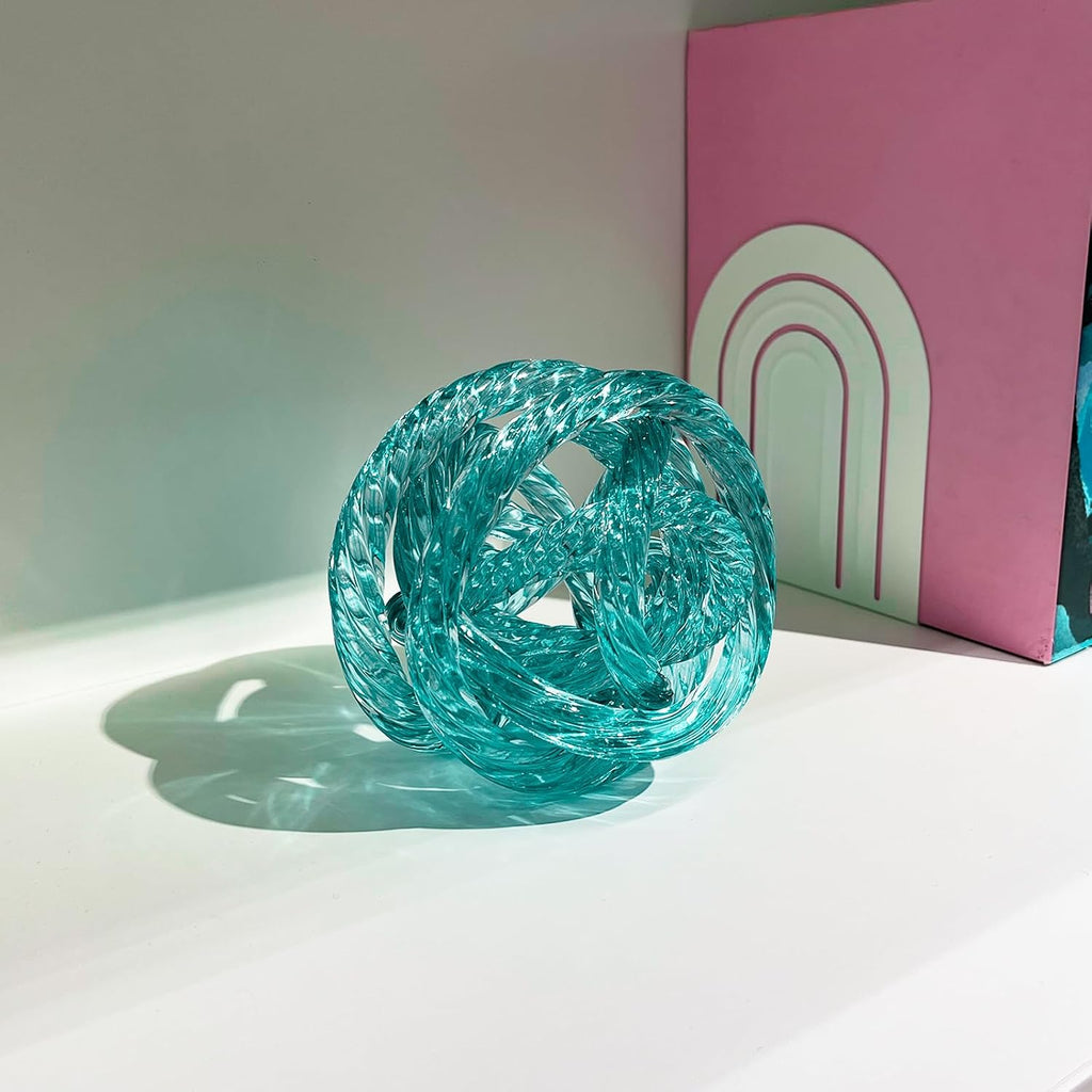 Glass Knot Teal Orbit Ball - 5 Inch Hand Blown Infinity Sculpture Decor Glass Orbit Home Decor Table Decoration