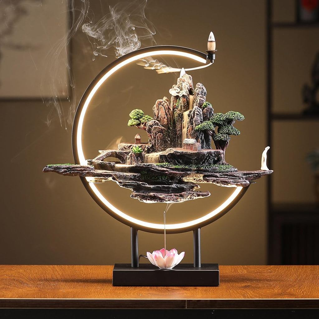 Backflow Incense Waterfall Fountain Burner with Adjustable LED Light Ring,Resin Rockery Landscape Ornament