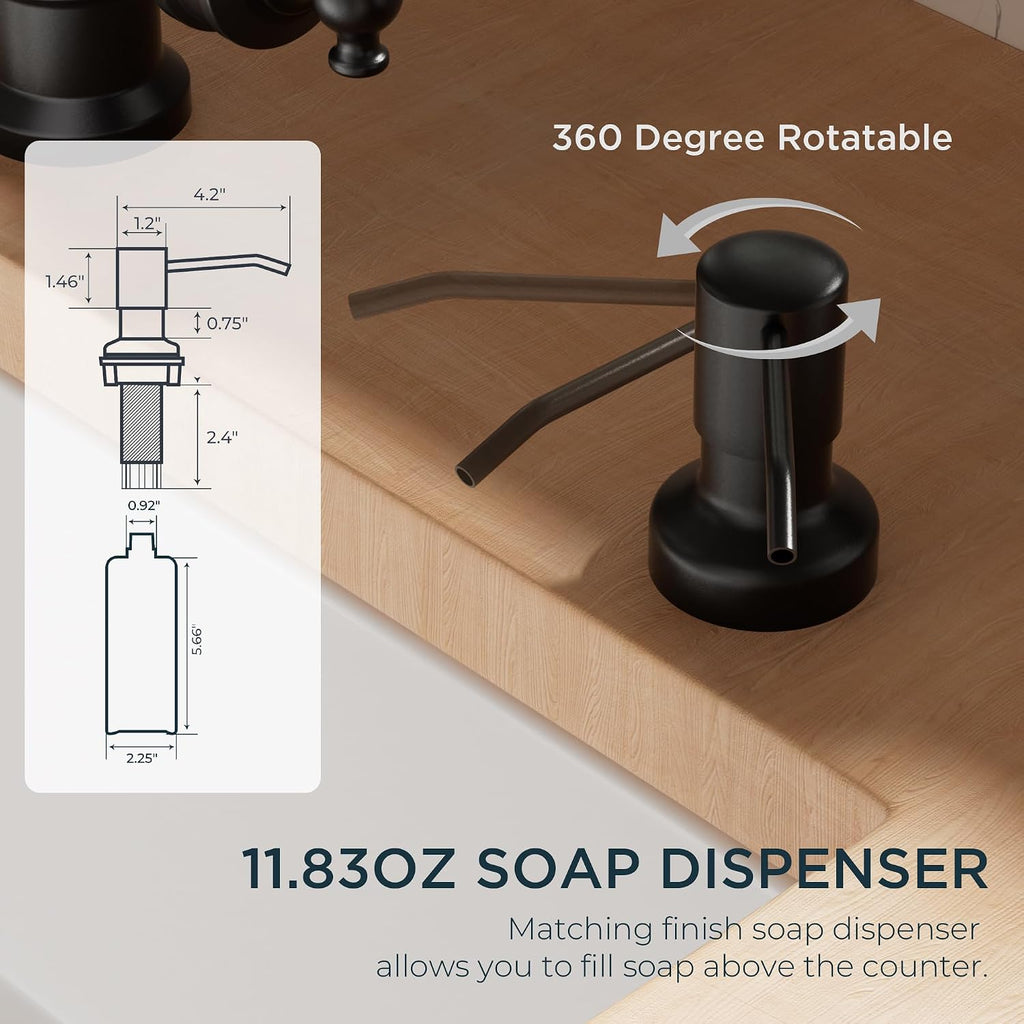 Vintage Kitchen Faucet with Soap Dispenser, Matte Black | High Arc Single Handle, Stainless Steel Sink Faucet with