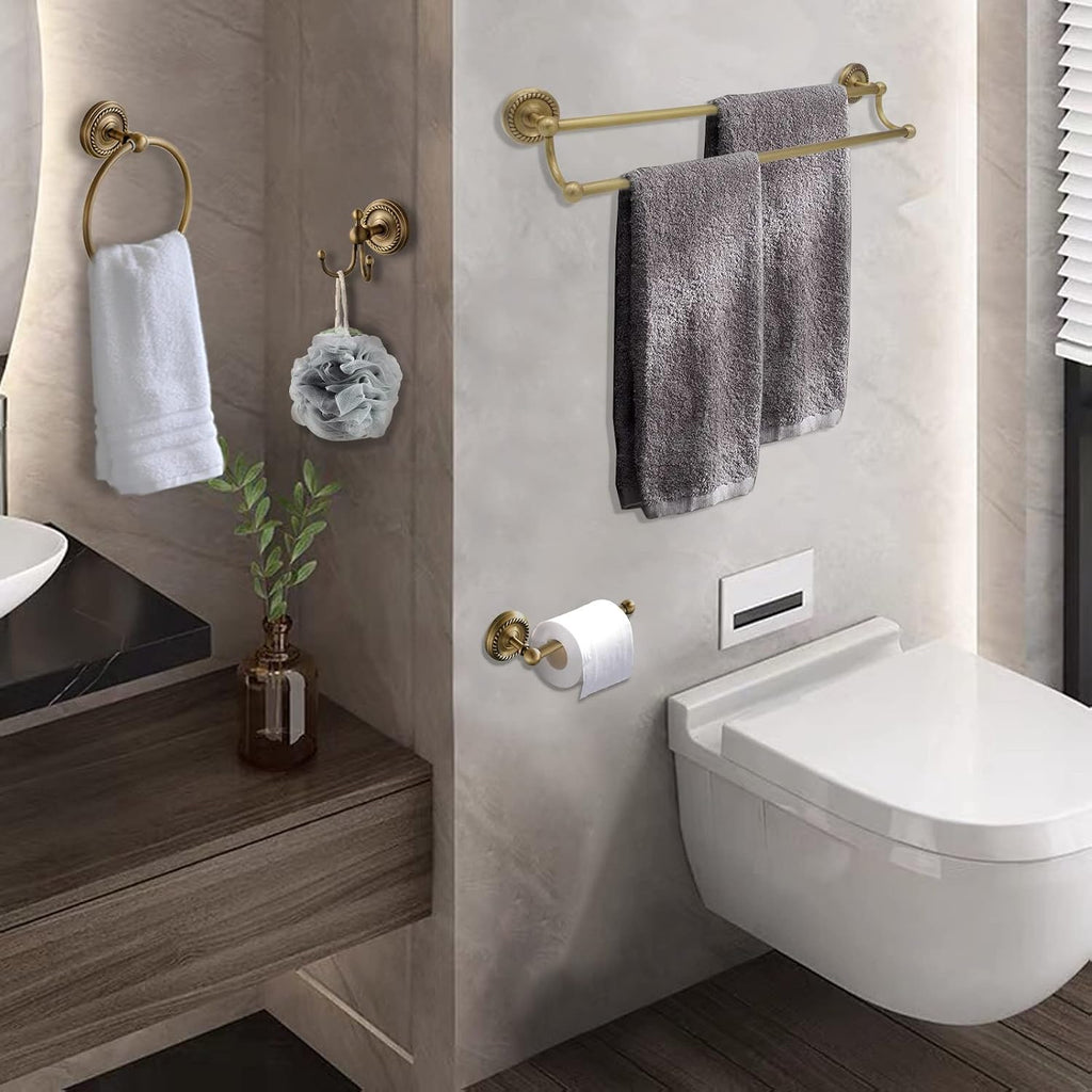 4 Piece Antique Brass Gold Bathroom Accessories Set - 24" Towel Holder, Antique Bar Brass Bath Accessories - Wall
