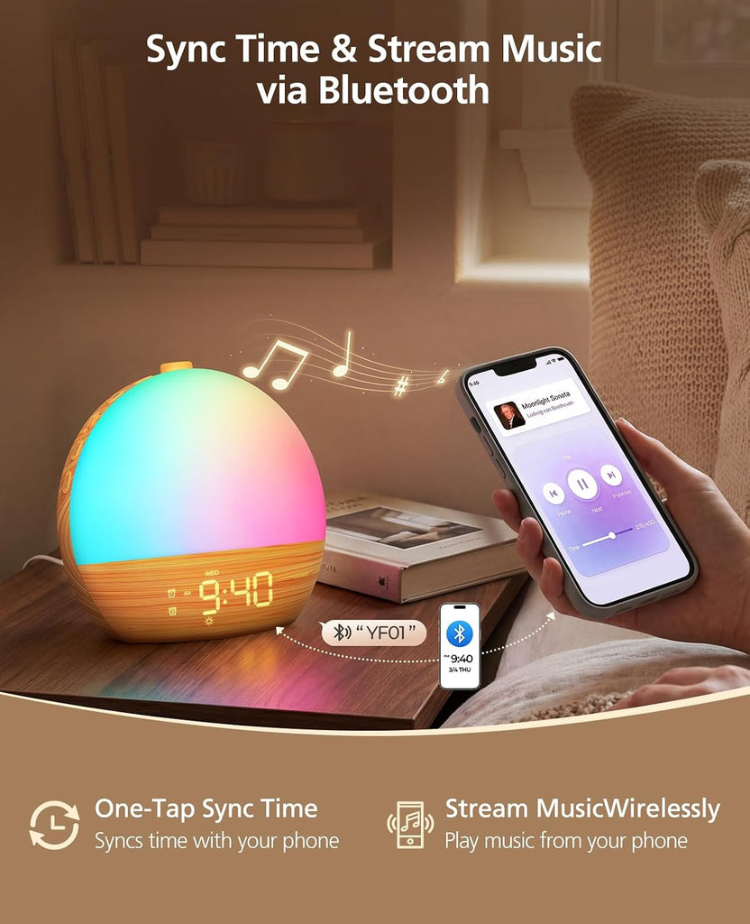 Wood Grain White Noise Sound Machine Sunrise Alarm Clock with 30 Soothing Sounds, 17 Night Lights, Bluetooth Speaker