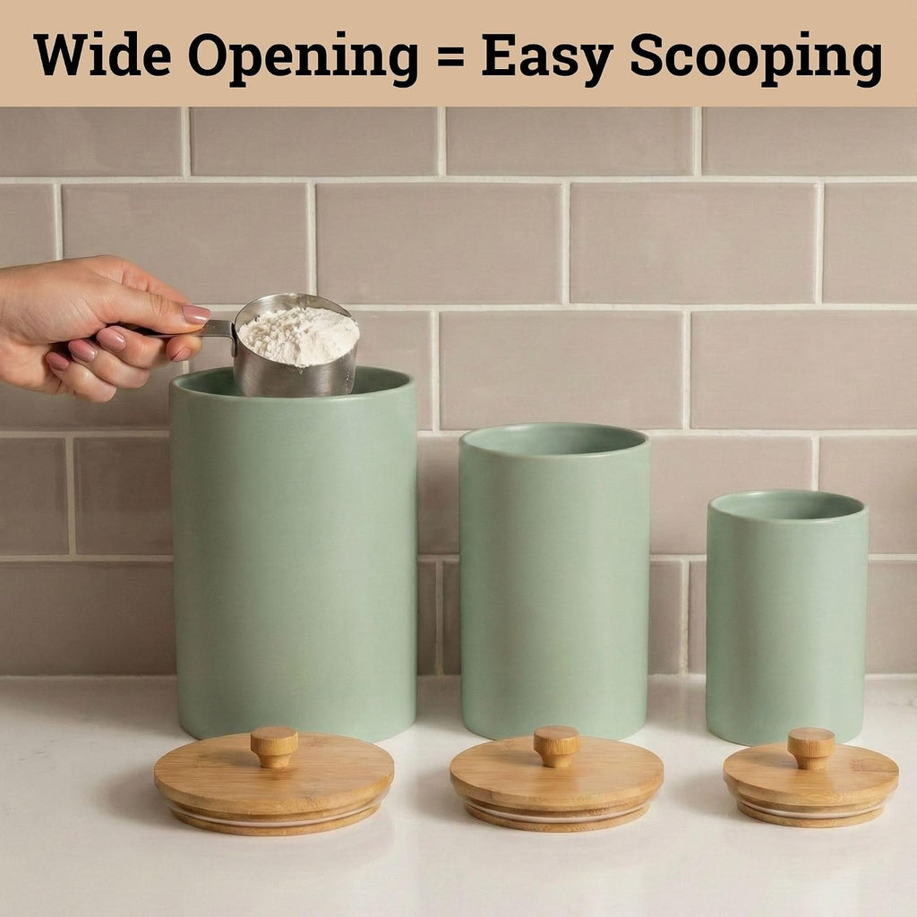 Ceramic Kitchen Canisters for Countertop w/ Airtight Bamboo Lids - Set of 3