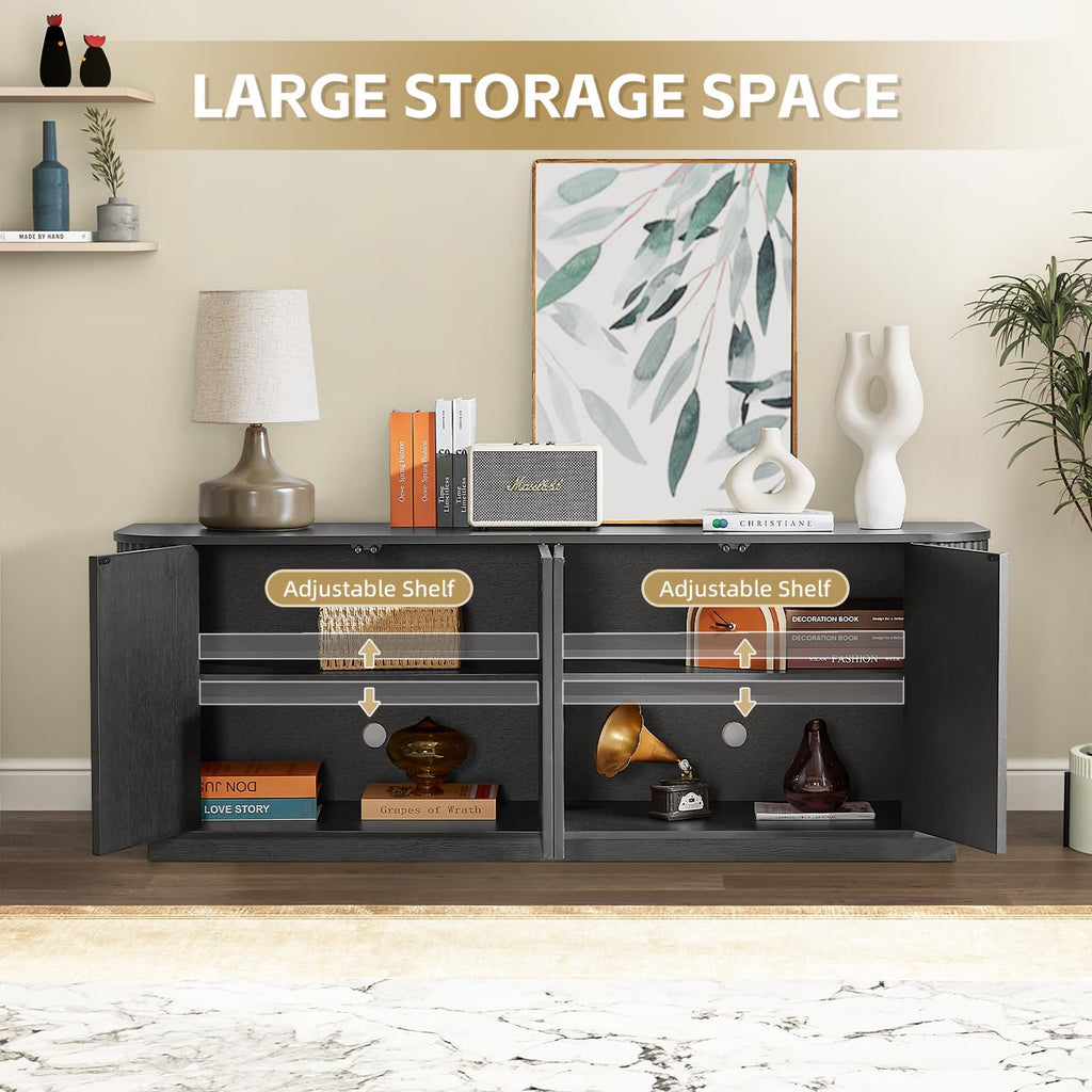 Fluted TV Stand for TVs Up to 75 Inch, Black Mid Century Modern TV Console, Entertainment Center with Storage, Wood