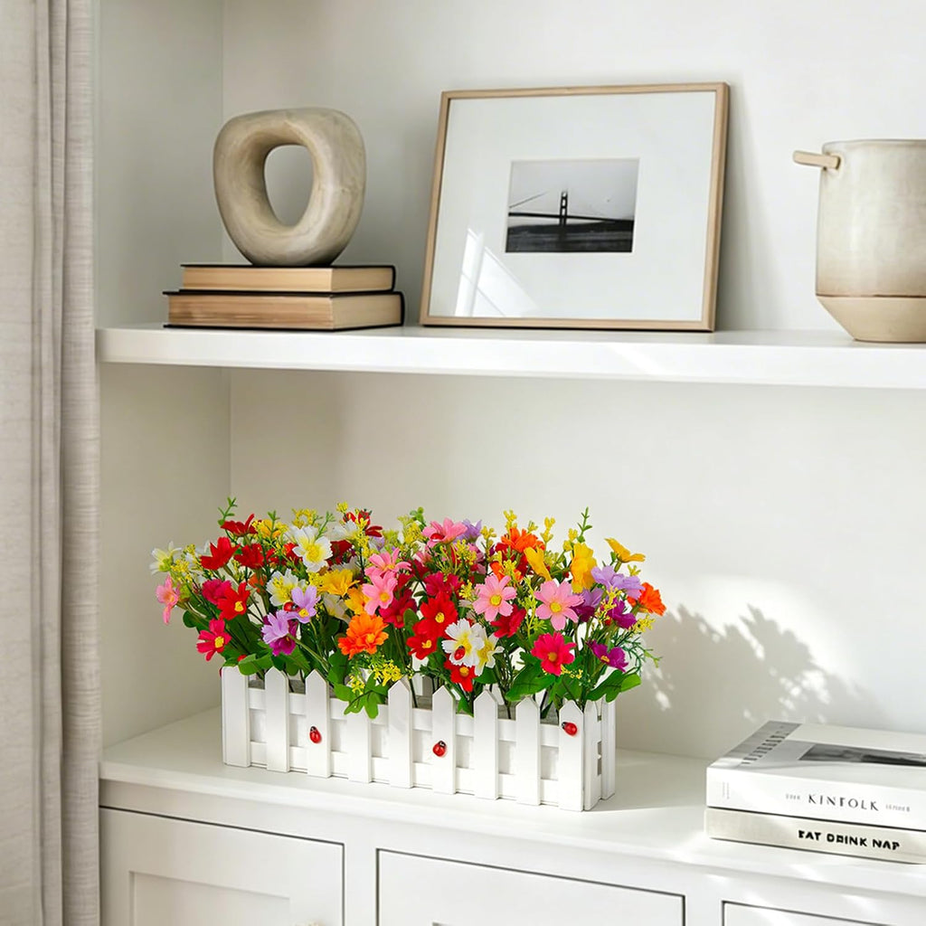 Artificial Flower Plants - Mixed Color Daisies in Picket Fence Pot for Indoor Office Wedding Home Decor, 2 Sets