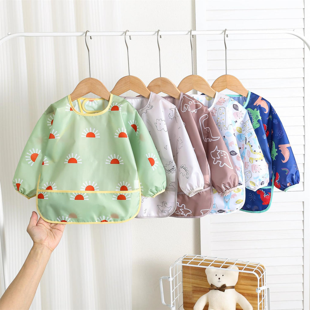 Long Sleeved Bibs,5 PCS Waterproof Wearable Bibs with Sleeves,Baby Feeding Smock 6-30 Months (5 Pcs Set A)