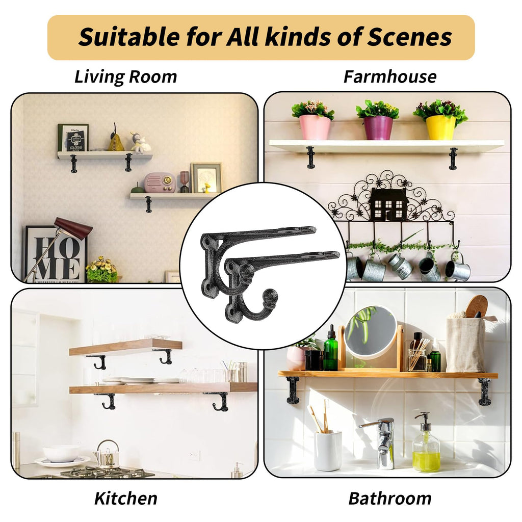 Cast Iron Shelf Brackets 4 Inch, 4 Pack Black Rustic Shelf Brackets with Hooks, Heavy Duty Floating Brackets Wall