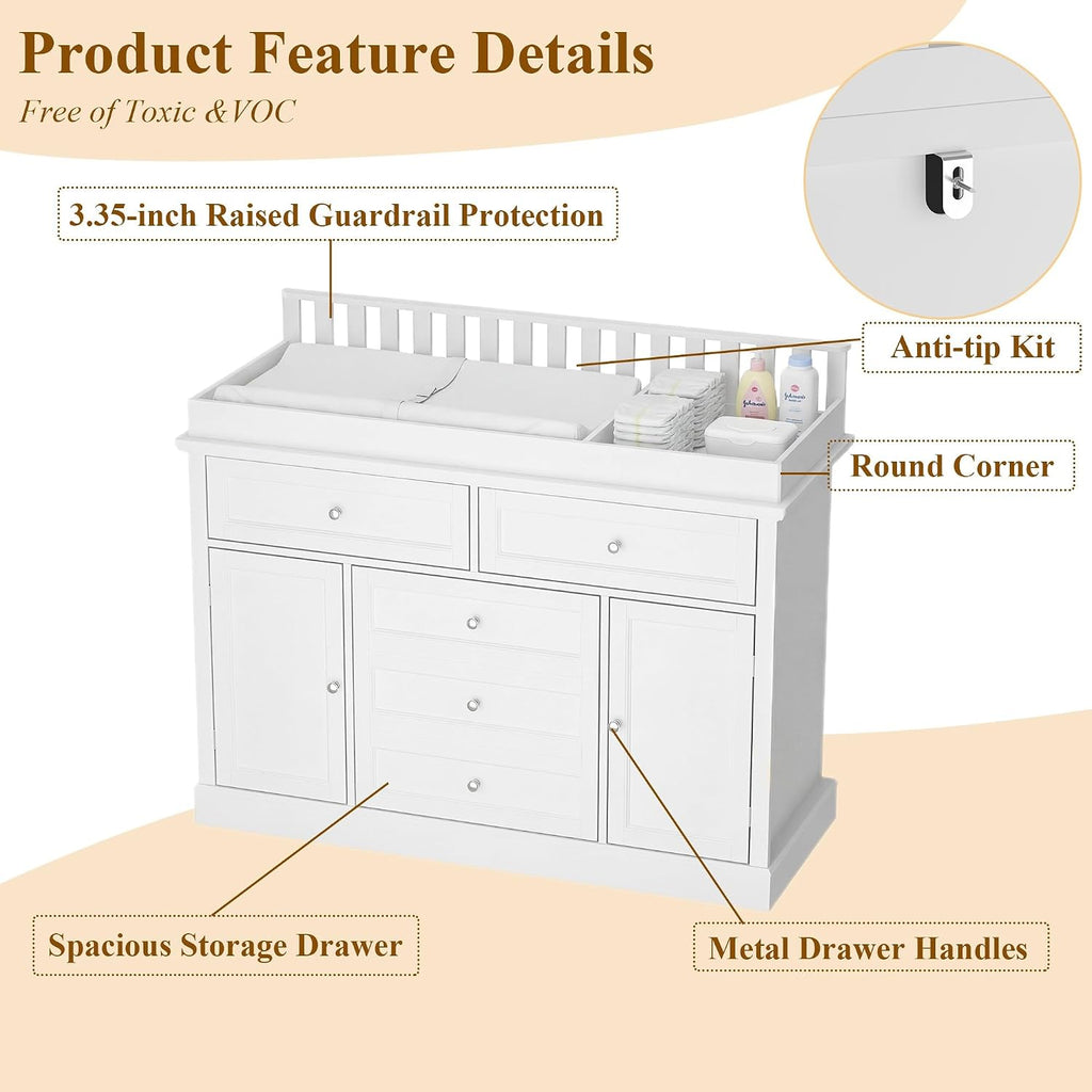 46" Baby Dresser with Changing Table Top, White Dresser with Storage Drawers and Doors, Multifunctional Nursery Baby
