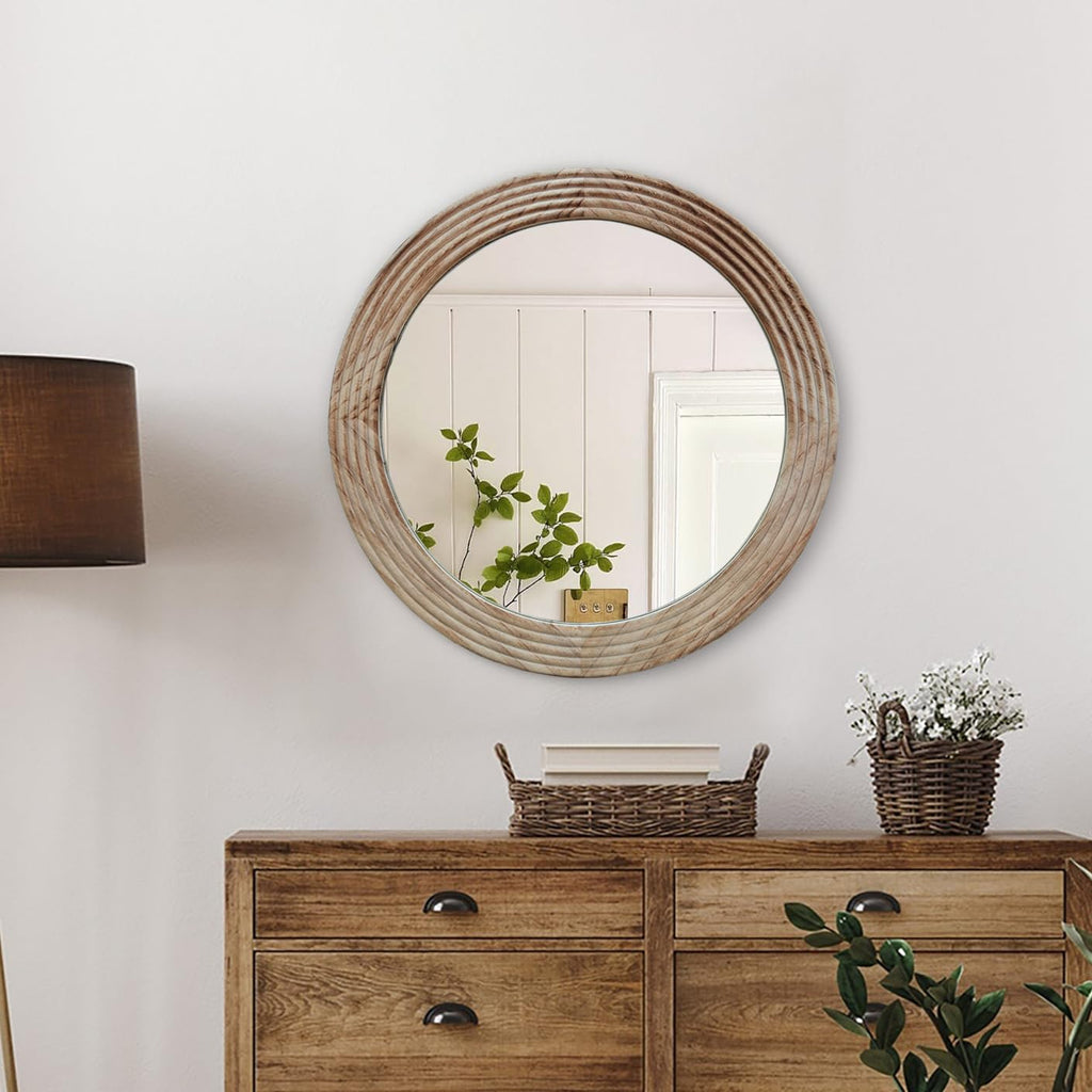 Round Mirror, Farmhouse Decor Solid Wood Frame Wall Circle Mirror, Decorative Mirrors Over Sink, Living Room