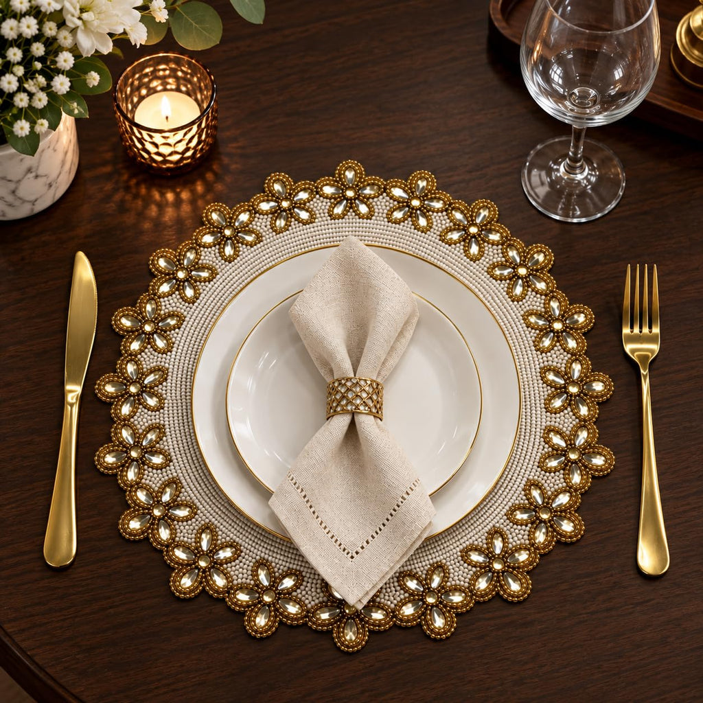 Beaded Placemats for Dining Table Ivory Gold - Measure 13 Inches