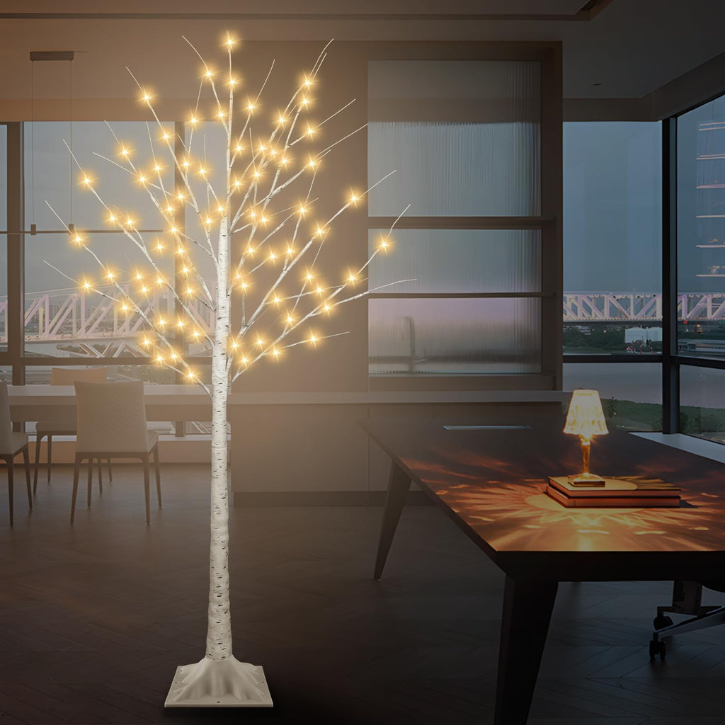 5FT Lighted Birch Tree with 90 LED Warm White and Multicolor Lights, 8 Modes, Timer Remote Faux Prelit Twig Christmas