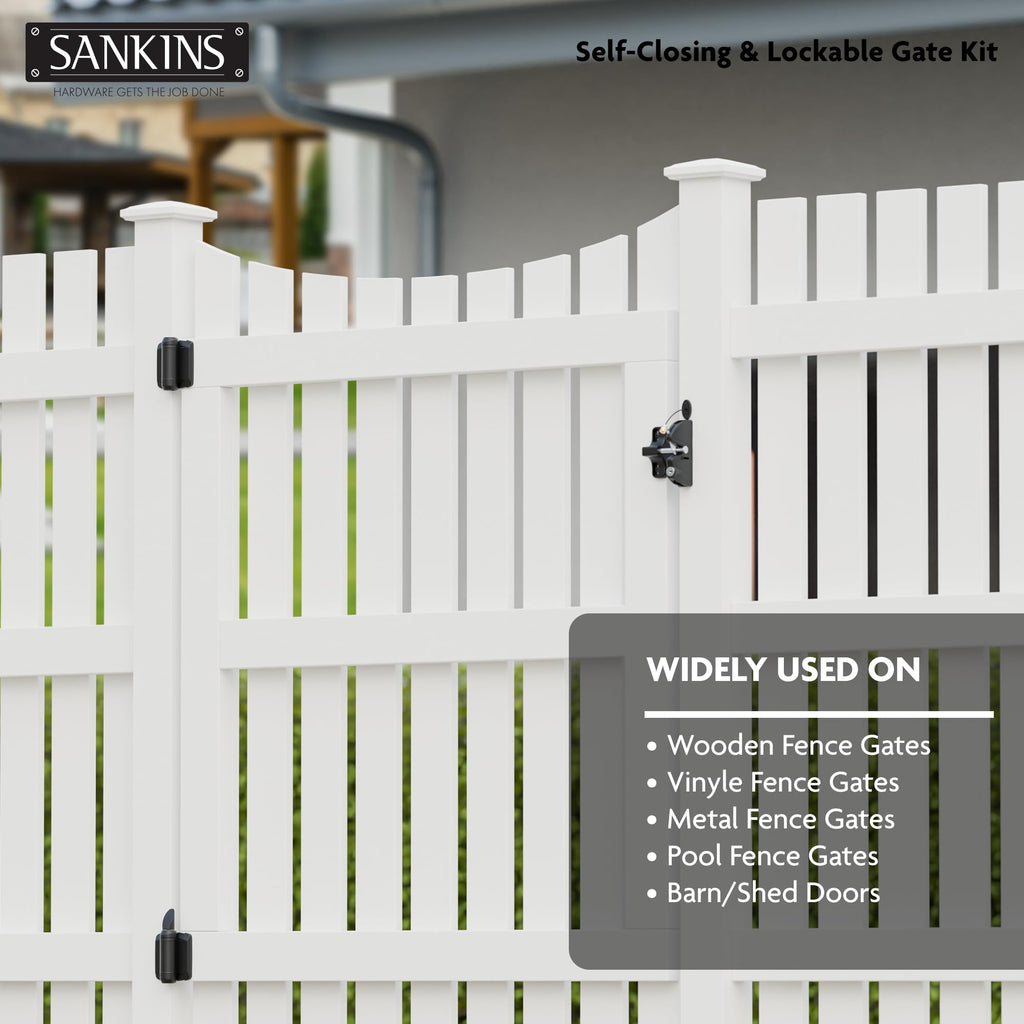 Self-Closing Gate Hinges and Key Lockable Gate Latch Kit, Fence Gate Hardware Kit for Wooden Fence, Pool Safety Fence