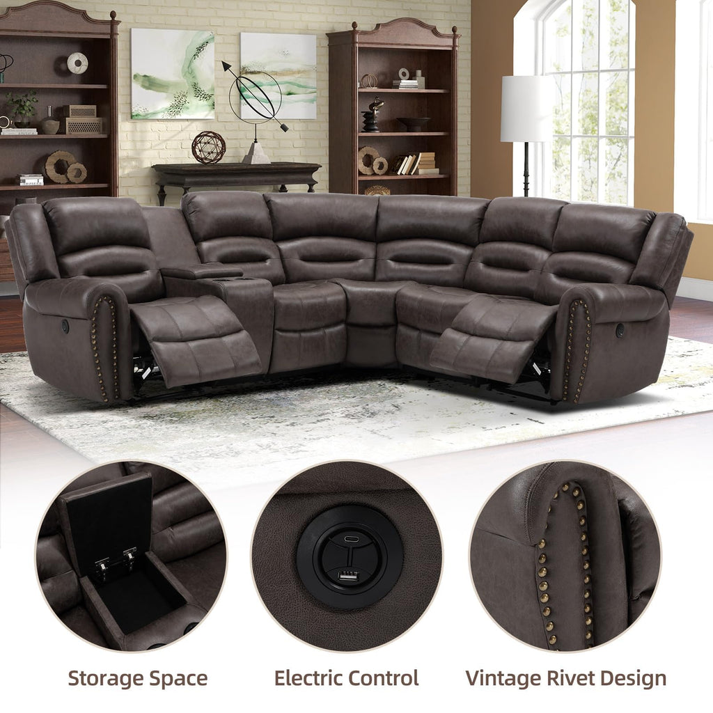 L-Shaped Power Reclining Sectional Sofa Set, Faux Leather Corner Couch Home Furniture Set with Storage Console, Cup
