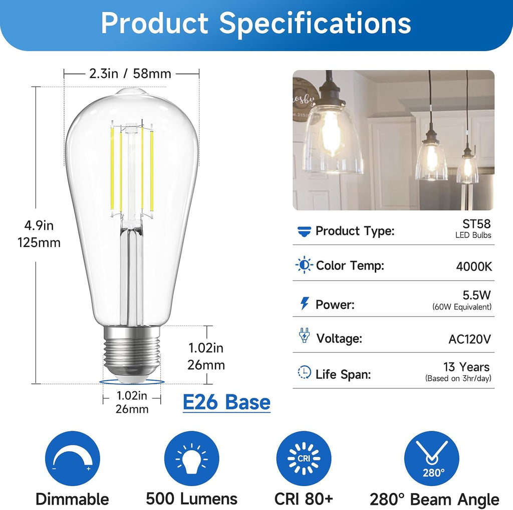 Dimmable Edison Bulbs, 6W, Equivalent 60W, Bright Daylight White 4000K, Vintage ST58 Antique LED Filament Bulbs, E26