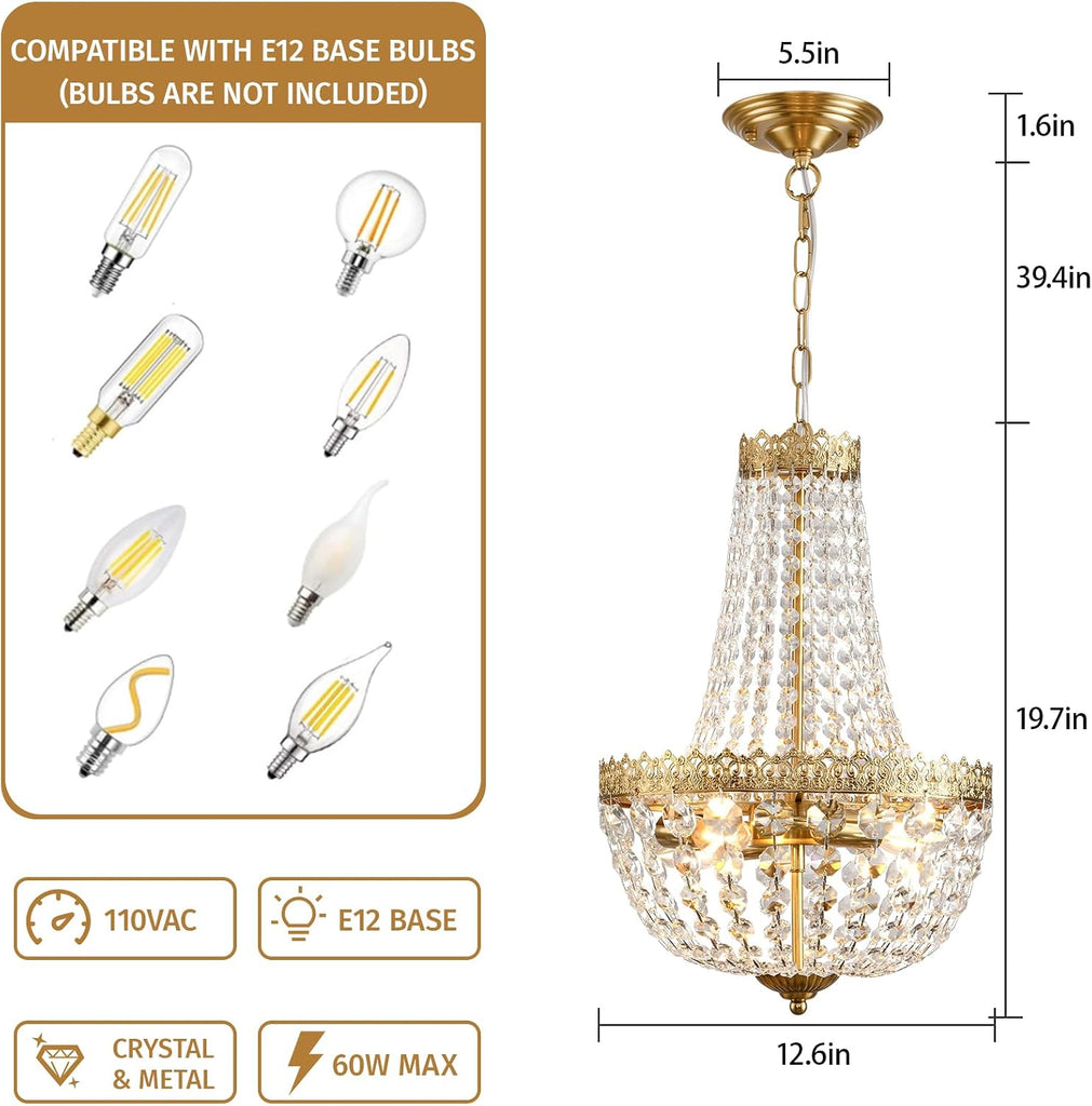 Mini French Empire Crystal Chandelier, 4-Light Antique Brass Pendant Light Fixture - 19.7" H x 12.6" W