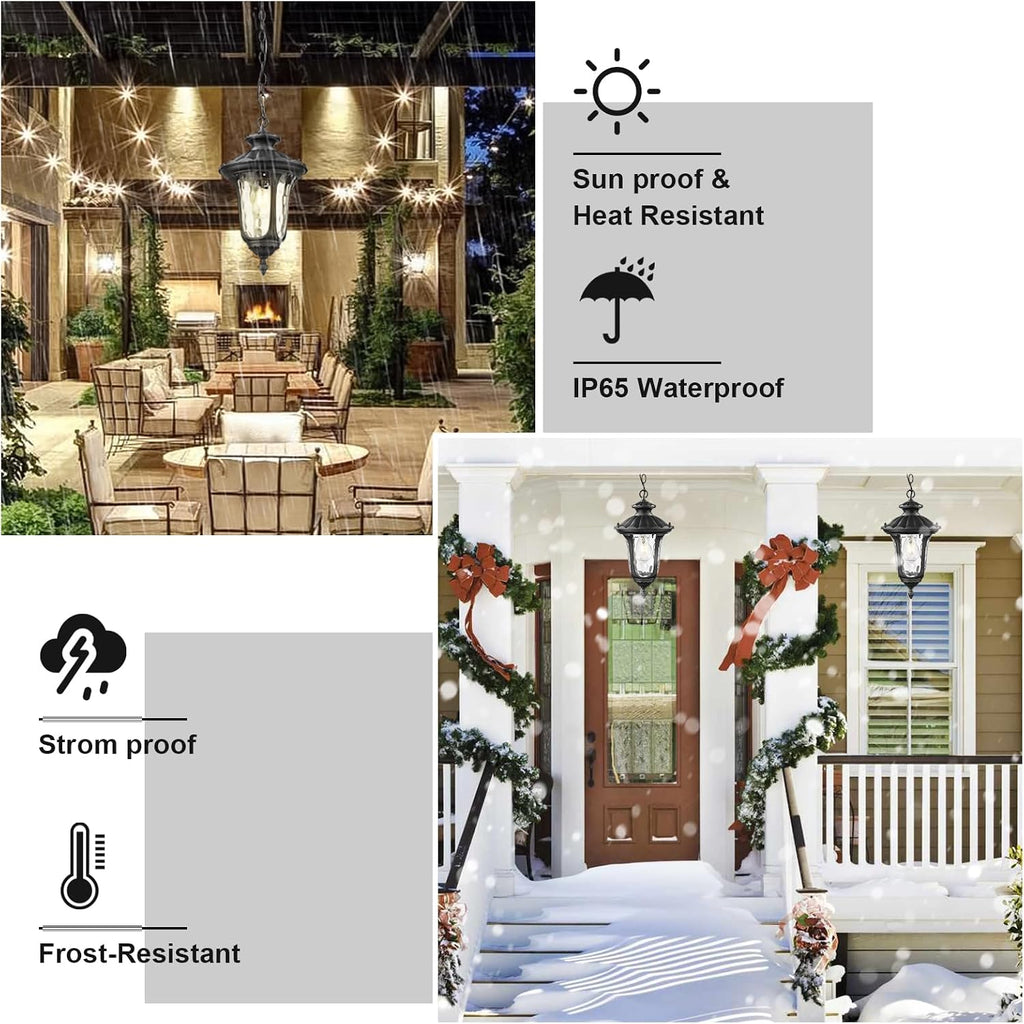 Outdoor Pendant Light for Porch, Exterior Hanging Lantern Outdoor Chandelier in Black Finish for Entryway, Doorway