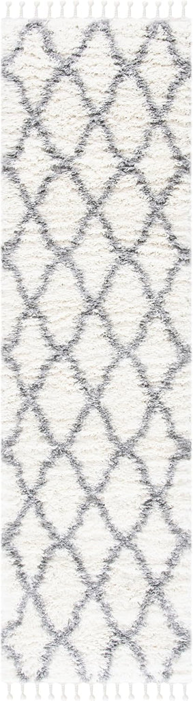 Moroccan Tassel Shag Collection Runner Rug - 2'2" x 8', Ivory & Light Grey, Boho, Non-Shedding & Easy Care, 1.5-inch